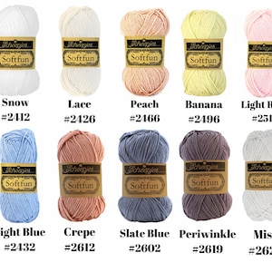 May include: Ten skeins of Scheepjes Softfun yarn in various colors, including snow, lace, peach, banana, light rose, light blue, crepe, slate blue, periwinkle, and mist. Each skein has a label with the brand name and yarn type.