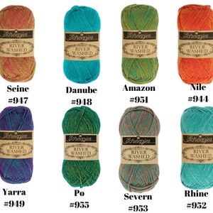 May include: Eight skeins of Scheepjes River Washed yarn in different colors. The colors are: Seine #947, Danube #948, Amazon #951, Nile #944, Yarra #949, Po #955, Severn #953, and Rhine #952.