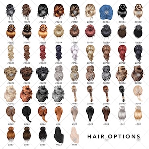 May include: A catalog of various hairstyles, each with a unique design and color. The image displays a variety of hair options, including buns, braids, and ponytails, with a range of colors from blonde to black. The text "HAIR OPTIONS" is at the bottom.