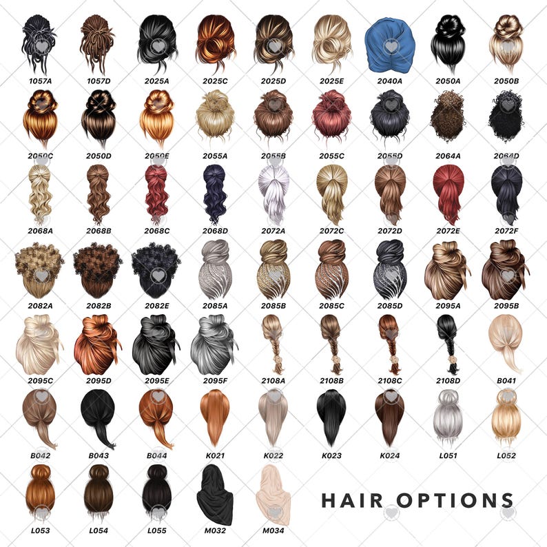 Pu&ograve; includere: Una collezione di varie opzioni di acconciatura, ognuna con un design unico. L'immagine mostra una variet&agrave; di acconciature, tra cui chignon, trecce e code di cavallo, in diversi colori. Il testo "HAIR OPTIONS" &egrave; in basso.