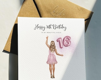 Custom Birthday Card For Her, Sweet 16th Birthday - Card for Niece, Daughter, Granddaughter, Sister, Goddaughter, Friend, Teen gifts