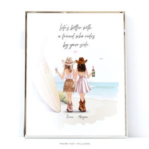Küsten Cowgirl Druck Freundschaft Geschenk für Freunde Geburtstag Angepasste Illustration von Zwei Freunden Zusammen Am Strand In Cowgirl Stiefeln