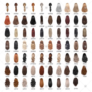 Pu&ograve; includere: Una collezione di illustrazioni di acconciature, ciascuna con un numero univoco. Gli stili variano da code di cavallo a ciocche fluenti, in tonalit&agrave; dal biondo al nero e al rosso. Immagine di catalogo per prodotti personalizzati.