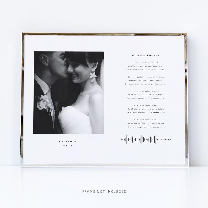 May include: A framed black and white photo print featuring a couple, with the groom kissing the bride's cheek. The print includes text: "ARTIST NAME, SONG TITLE," song lyrics, and a sound wave graphic. The names "ALICE & MARTIN" and the date "02.03.24" are also printed.