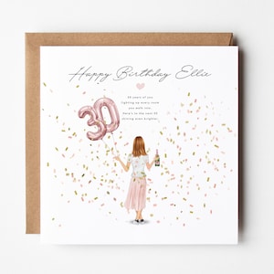 May include: A birthday card with the text "Happy Birthday Ellie". The card features an illustration of a woman holding a champagne bottle and a "30" balloon. Confetti and the words "30 years of you" are also included.