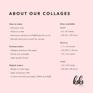 Pode incluir: Informa&ccedil;&otilde;es sobre como encomendar colagens de fotos, incluindo os tamanhos dispon&iacute;veis, os tipos de papel e as op&ccedil;&otilde;es de ficheiros digitais. O texto inclui "kikiprints.co.uk" e "kiku prints".