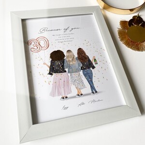May include: A framed print with a white border features an illustration of three women celebrating. The artwork includes a "30" balloon, confetti, and the text "Because of you..." with a birthday message. The frame is white.