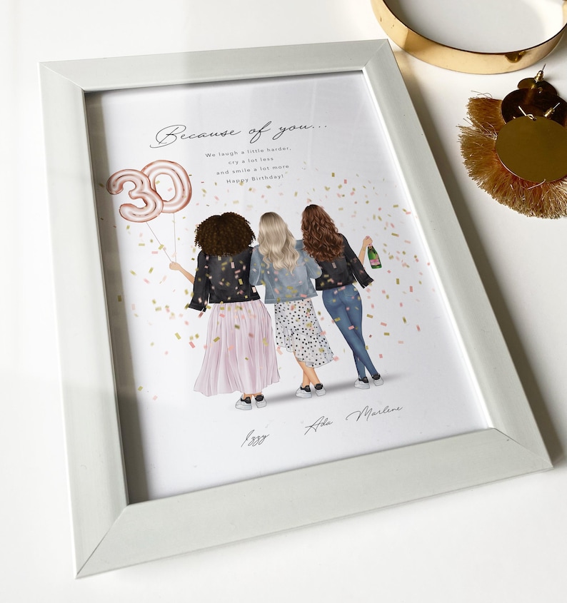 May include: A framed print with a white border features an illustration of three women celebrating. The artwork includes a "30" balloon, confetti, and the text "Because of you..." with a birthday message. The frame is white.