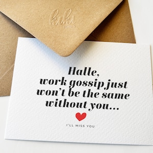 Carte d'adieu amusante personnalisée pour ami, collègue, collègue, meilleure amie au travail, femme au travail, carte de départ amusante / motif coeur rouge