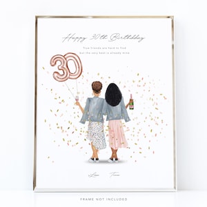 May include: A framed print with the text "Happy 30th Birthday" and the quote "True friends are hard to find but the very best is already mine." Two illustrated women stand together, holding a balloon that says "30" and a bottle of champagne. Confetti is scattered around them.