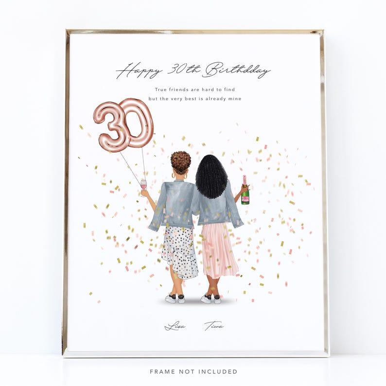May include: A framed print with the text "Happy 30th Birthday" and the quote "True friends are hard to find but the very best is already mine." Two illustrated women stand together, holding a balloon that says "30" and a bottle of champagne. Confetti is scattered around them.