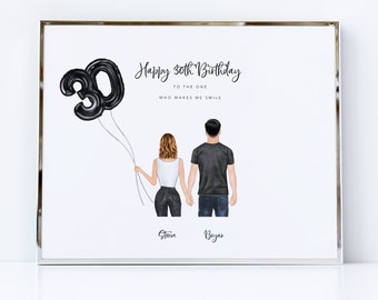 Simpatico regalo di compleanno per lui, stampa di illustrazione personalizzata per il 30° compleanno del fidanzato