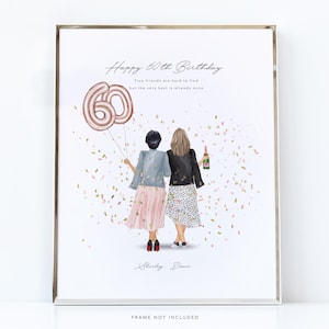May include: A framed print with the text "Happy 60th Birthday" and the quote "True friends are hard to find but the very best is already mine." The image shows two women, confetti, and a balloon shaped like the number 60.