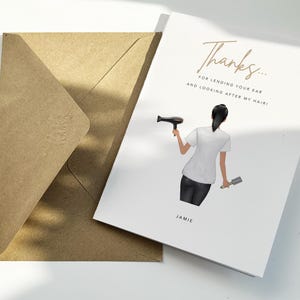 Tarjeta personalizada de agradecimiento por peinarme / despedida para peluqueros / mejores amigas del trabajo de peluquería que dejan la tarjeta del secador de pelo