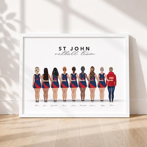May include: Framed print featuring a netball team illustration. The team is depicted from the back, wearing navy blue and red uniforms. The text "ST JOHN netball team" is displayed above the figures. A coach in a red hoodie is also included.