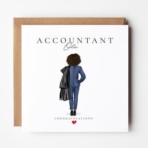 May include: A greeting card with a brown border and a white interior. The card features an illustration of a person in a blue suit, holding a black coat. The text "ACCOUNTANT Ola" is at the top, with "CONGRATULATIONS!" and a red heart at the bottom.
