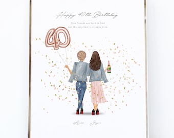 Regalo di amicizia per il 40° compleanno, illustrazione personalizzata dei migliori amici, regalo di stampa di amicizia personalizzato con palloncino per il 40° compleanno