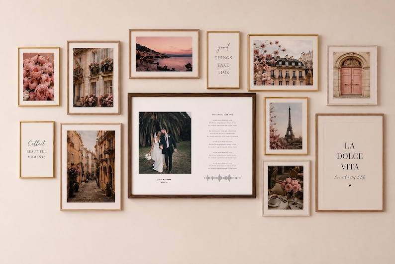 May include: A collection of framed art prints and photographs, including floral, architectural, and landscape scenes. One frame features a wedding photo with text. Other prints include inspirational quotes and the Eiffel Tower.
