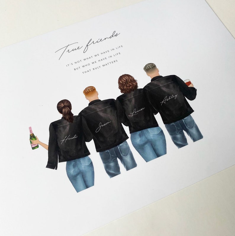 May include: A digital illustration of four people standing side-by-side, wearing black jackets and blue jeans. Each jacket features a name in white script: Heidi, Jason, Louise, and Ashley. Above them, the text reads: True friends. IT'S NOT WHAT WE HAVE IN LIFE BUT WHO WE HAVE IN LIFE THAT RULY MATTERS.