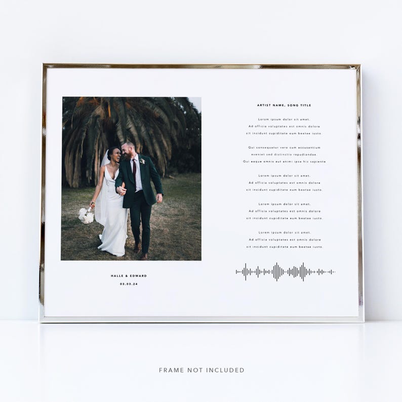 May include: A framed print featuring a wedding photo of a couple walking outdoors. The print includes song lyrics, artist name, and a sound wave graphic. The text "Halle & Edward" and the date 03.03.24 are also visible.