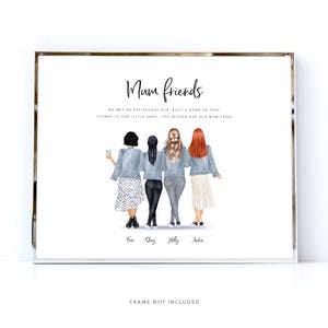 May include: A watercolor illustration of four women standing together, wearing blue denim jackets and holding coffee cups. The text "Mum friends" is at the top of the image, and the text "We met on the school run, built a bond so true, thanks to our little ones - the reason for our mum crew" is below the women. The names "Four", "Ghay", "Holly", and "Auba" are written below the women.