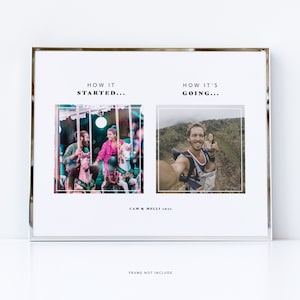 Pode incluir: Uma moldura de fotos branca com duas fotos. A foto da esquerda mostra um casal em um carrossel. A foto da direita mostra um casal com um beb&ecirc; em uma caminhada. O texto "HOW IT STARTED..." est&aacute; acima da foto da esquerda. O texto "HOW IT'S GOING..." est&aacute; acima da foto da direita. O texto "CAM & MELLI 3033" est&aacute; abaixo das fotos. O texto "FRAME NOT INCLUDE" est&aacute; abaixo das fotos.