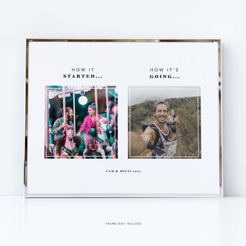 Pode incluir: Uma moldura de fotos branca com duas fotos. A foto da esquerda mostra um casal em um carrossel. A foto da direita mostra um casal com um beb&ecirc; em uma caminhada. O texto "HOW IT STARTED..." est&aacute; acima da foto da esquerda. O texto "HOW IT'S GOING..." est&aacute; acima da foto da direita. O texto "CAM & MELLI 3033" est&aacute; abaixo das fotos. O texto "FRAME NOT INCLUDE" est&aacute; abaixo das fotos.