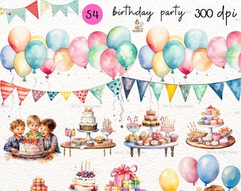Watercolor Birthday Party Cake Present Balloons Clipart, Birthday For kid,  Happy Birthday Collection,Banners clipart, Flags clipart,