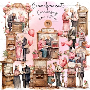 Abuelos intercambiando cartas de amor, pareja estilo años 90, imágenes prediseñadas de pareja vintage, día de San Valentín, imágenes prediseñadas de acuarela, pareja romántica, mamá y papá