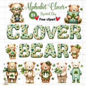 Alfabeto clipart st patrick, letra st patrick, número, patrón de trébol, sublimación PNG de letra de San Patricio, oso con trébol, oso con trébol