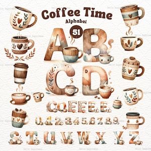 Coffee alphabet Clipart, coffee letter,PNG, Coffee Mug,  Alphabet Clipart, Coffee Letter,Coffee lover Font, Coffee Number,Watercolor Letter