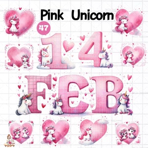 Clipart de unicórnio aquarela, dia dos namorados unicórnio, unicórnio rosa, coração rosa, letra, número, unicórnio alfabeto, gráfico de unicórnio fofo, coração rosa