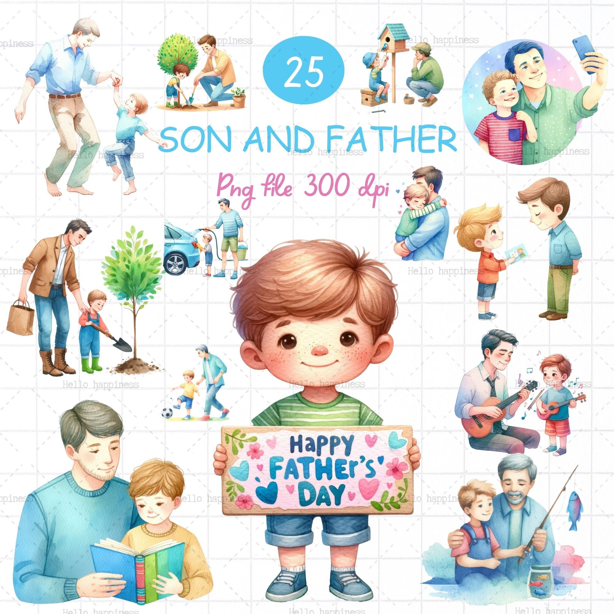 Fathers Watercolor Clipart,  Father's Day Dad Graphics, Son and Father,  Dad with Kid PNG, son and dad, Watercolor Digital Clipart