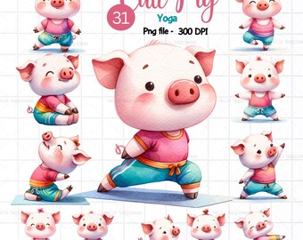 Watercolor Cute Pig Yaga Clipart,little Pig,Gift for kids, Animals Clipart,Cute baby pig, pink yoga, pink pig, Pet png, pink animal clipart