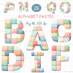 May include: A set of alphabet letters in pastel colors, each letter is made up of small squares with different patterns and colors. The letters are P, M, Q, O, B, A, C, D, I, and F. The letters are arranged in two rows. The text "ALPHABET PASTEL" and "Png file 300 dpi" are also included in the image.