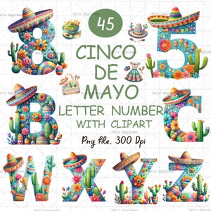 Número del alfabeto del Cinco De Mayo, alfabeto de acuarela, Número PNG, color pastel, flor Alfa, cumpleaños, baby shower, cactus, maracas, fiesta mexicana