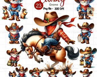 May include: A set of 23 digital illustrations of gnomes dressed as cowboys. The gnomes are wearing cowboy hats, bandanas, vests, and jeans. Some gnomes are holding lanterns, ropes, and guns. One gnome is riding a horse. The illustrations are in a cartoon style and are perfect for crafting projects.