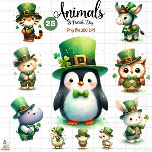 Björn St. Patrick's Day, Djur St. Patrick, Akvarell Clip Art för barn, Fågel, Kattunge, Uggla, Hund, Flodhäst, Regnbåge, Skogsdjur, Barnkonst