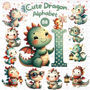 Cute Dragon Alphabet, Chinese New Year,  letter dragon, alphabet dragon,  Chinese New Year, birthday for kid, Watercolor Dragon, Card Dragon