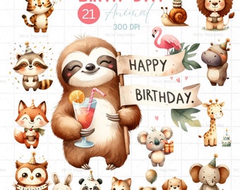 Pode incluir: Um conjunto de 21 ilustrações digitais com animais fofinhos celebrando um aniversário. As ilustrações incluem um bicho-preguiça segurando um copo de suco, um guaxinim usando um chapéu de festa, uma girafa, um coala, um elefante, um panda, um gato, um coelho, uma coruja, um leão, um caracol, um hipopótamo e uma raposa. As ilustrações são perfeitas para criar cartões de aniversário, convites, decorações de festa e outras manualidades.