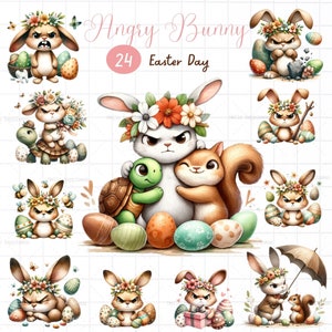 Puede incluir: 24 ilustraciones digitales de conejos enojados con huevos de Pascua y otros elementos de primavera. Los conejos llevan coronas de flores y tienen diferentes expresiones. Algunos sostienen una tortuga, una ardilla o un paraguas. El texto "Angry Bunny 24 Easter Day" está en la parte superior de la imagen.