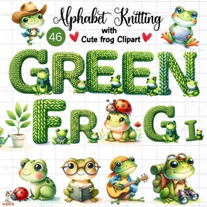 Alphabet grenouille, grenouille mignonne png, modèle de tricot lettre, clipart grenouille, png grenouille, lettre, nombre, couleur verte, carte, affiche alphabet, texture tricot