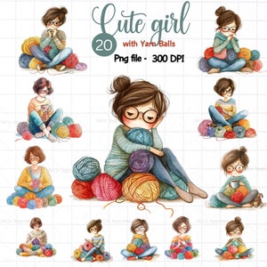 Fille vintage avec des pelotes de laine pour tricoter, clipart femme, style vintage, style minimaliste, jolie fille, fashion girl, aquarelle fille, tricot