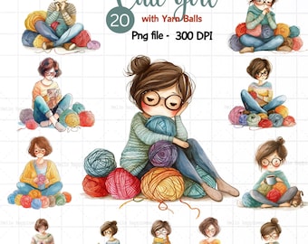 Vintage Mädchen mit Wollknäuel zum Stricken, Frau Clipart, Vintage Stil,minimaler Stil,süßes Mädchen,Mode Mädchen,Aquarell Mädchen,Stricken