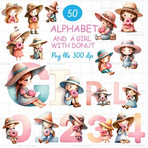 May include: 50 watercolor illustrations of a girl wearing a hat and holding a pink donut. The illustrations include the alphabet and numbers 0-4. The text "Hello happiness" appears throughout the image.