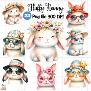 Flauschiges Häschen Clipart, Kaninchen Clipart, druckbare Aquarell Clipart, Sonnenhut, digitaler Download, süßes Häschen, Osterbunner, Häschen Ostern