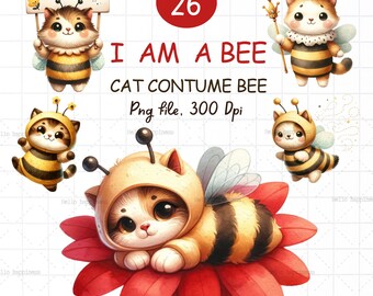 Cute Cat Contume a Bee, Funny Bee, Funny cat clipart,watercolor Illustrations, Cute pet,Chubby animals, Birthday card,Baby Shower,for kid
