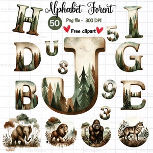 Clipart alphabet, Alphabet Forent, lettre, nombre, clipart Forent, chambre d'enfant des bois, animaux de la forêt, lapin chevreuil ours woft, décoration de chambre d'enfant
