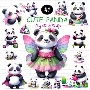 Può includere: Un set di 41 illustrazioni digitali di panda carini in varie pose e attività. I panda sono raffigurati in stile acquerello e presentano una varietà di colori, tra cui nero, bianco, rosa, verde e blu. Le illustrazioni sono perfette per l'uso nello scrapbooking, nella creazione di biglietti e in altri progetti creativi.