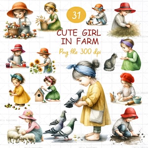 Jolie fille à la ferme, petit jardinier Gilr, enfant à la ferme, enfant à la ferme PNG, jardinier sur le thème PNG, clipart ferme, saison des récoltes,